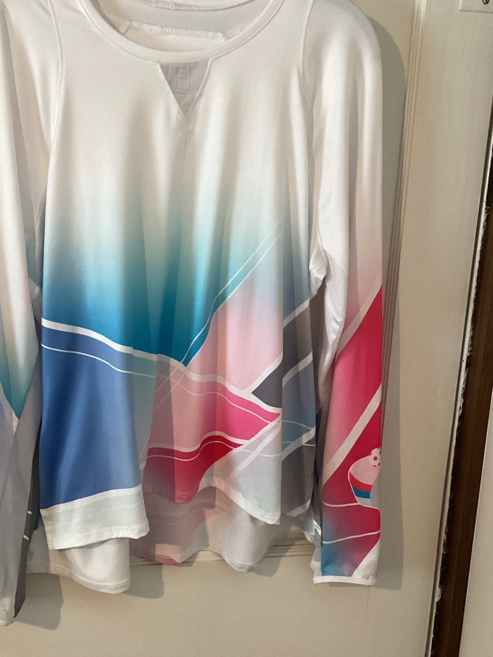 Lucky in Love Pickleball White Ombre Blue Pink Graphic Long Sleeve Top